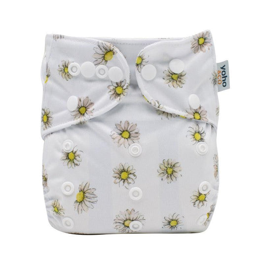 White Daisies Reusable Modern Cloth Nappy with Bamboo Terry Insert - Front View - Yoho & Co NZ